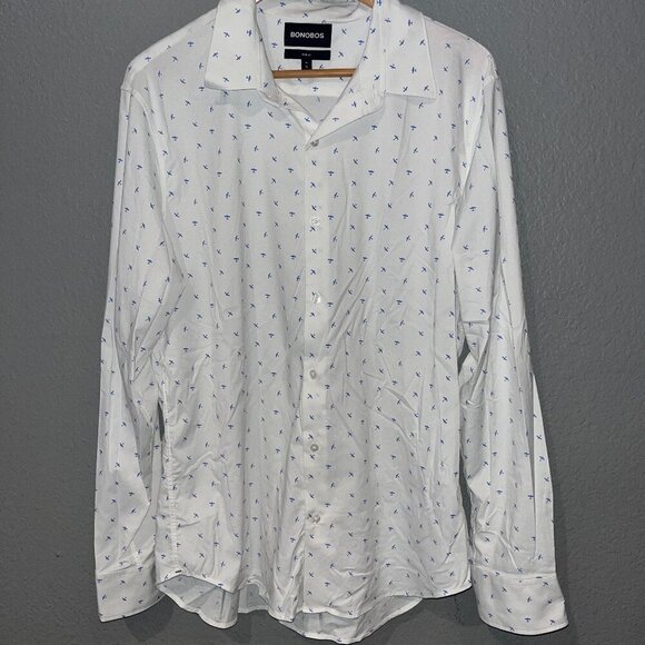 BONOBOS Airplane Print Nylon & Spandex Long Sleeve Button Shirt EUC  XL SLIM FIT - Picture 1 of 13